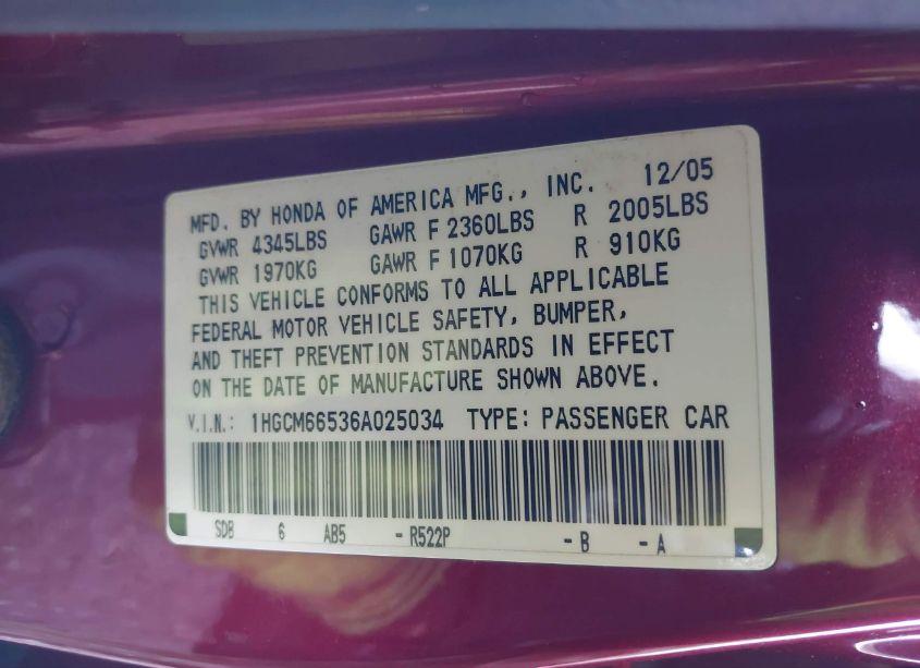 Photo 9 of 2006 Honda Accord 3.0 EX (VIN 1HGCM66536A025034)