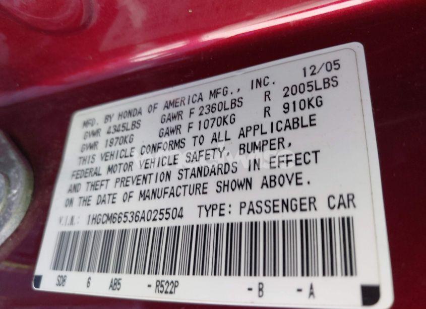 Photo 9 of 2006 Honda Accord 3.0 EX (VIN 1HGCM66536A025504)