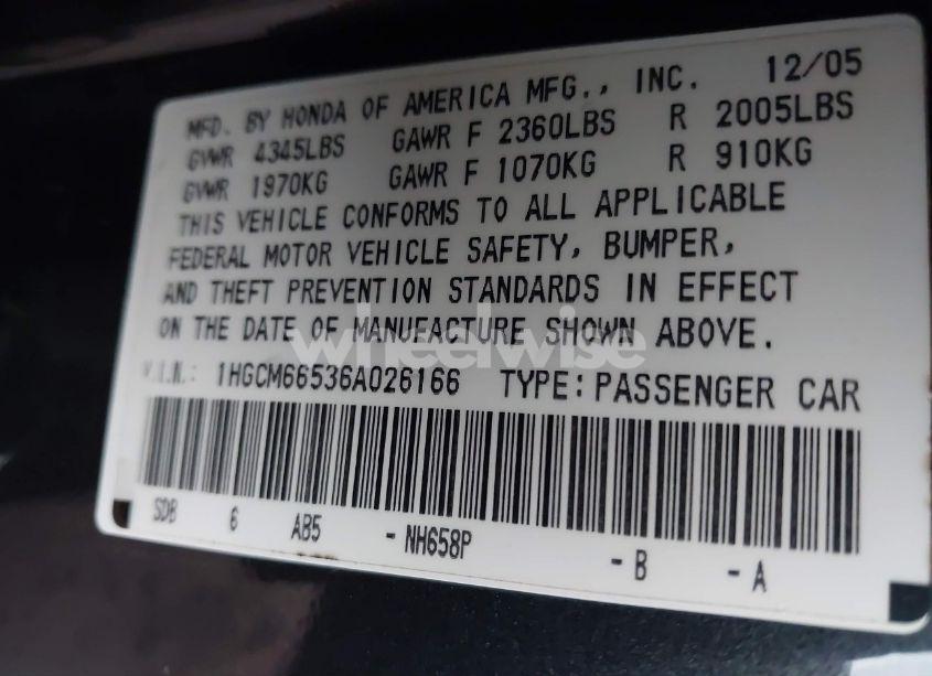 Photo 9 of 2006 Honda Accord 3.0 EX (VIN 1HGCM66536A026166)