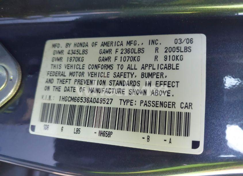 Photo 9 of 2006 Honda Accord 3.0 EX (VIN 1HGCM66536A049527)