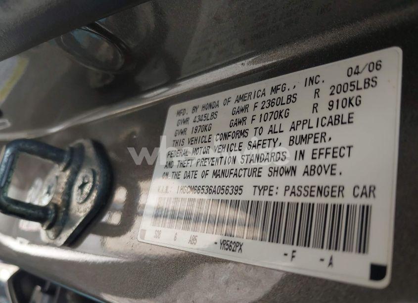 Photo 9 of 2006 Honda Accord 3.0 EX (VIN 1HGCM66536A056395)