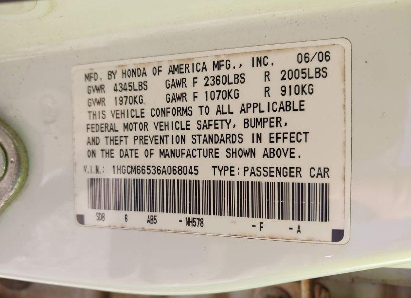 Photo 9 of 2006 Honda Accord 3.0 EX (VIN 1HGCM66536A068045)