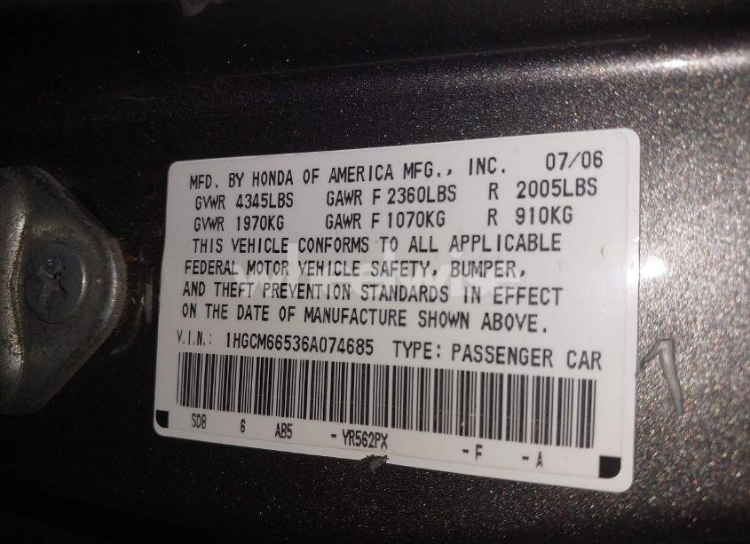 Photo 9 of 2006 Honda Accord 3.0 EX (VIN 1HGCM66536A074685)