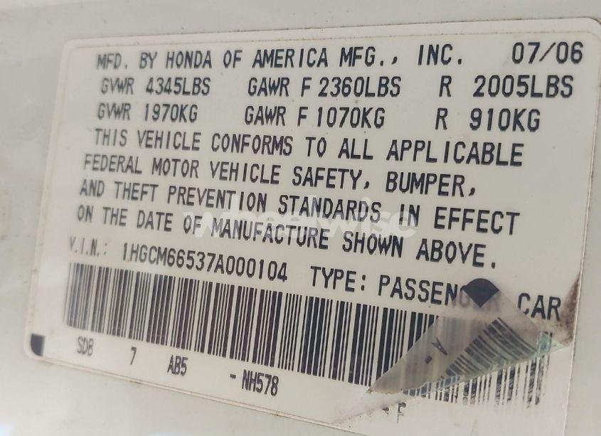 Photo 9 of 2007 Honda Accord 3.0 EX (VIN 1HGCM66537A000104)