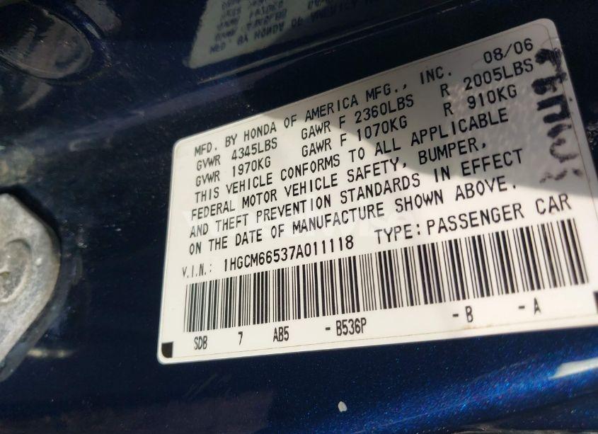 Photo 9 of 2007 Honda Accord 3.0 EX (VIN 1HGCM66537A011118)