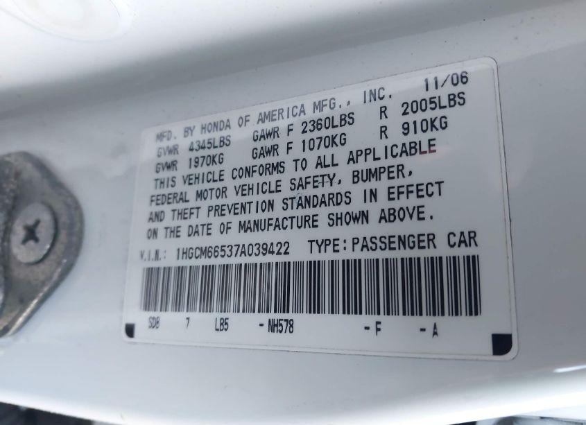 Photo 9 of 2007 Honda Accord 3.0 EX (VIN 1HGCM66537A039422)