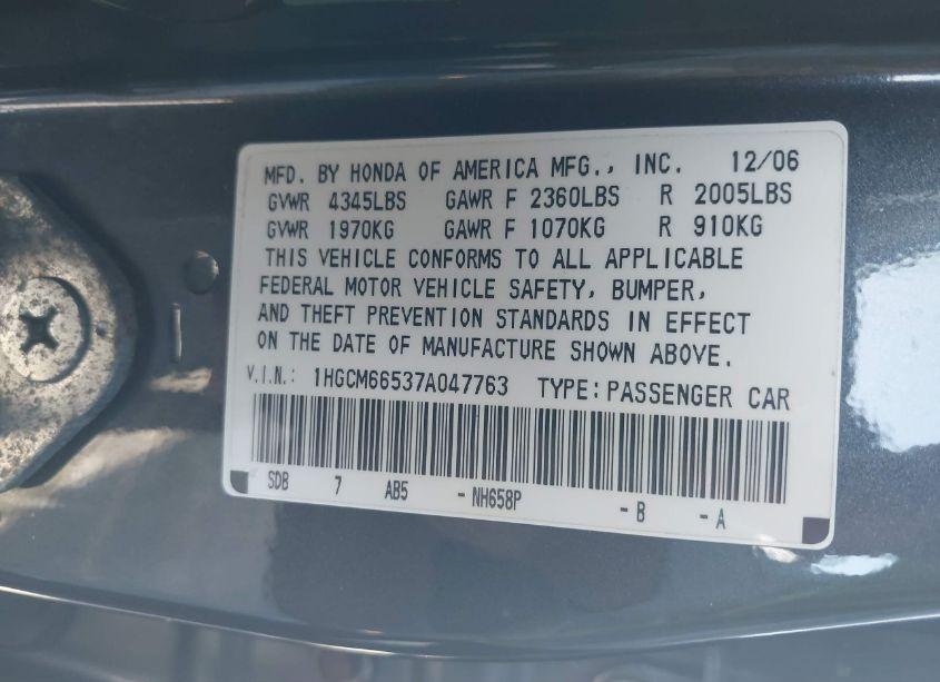 Photo 9 of 2007 Honda Accord 3.0 EX (VIN 1HGCM66537A047763)