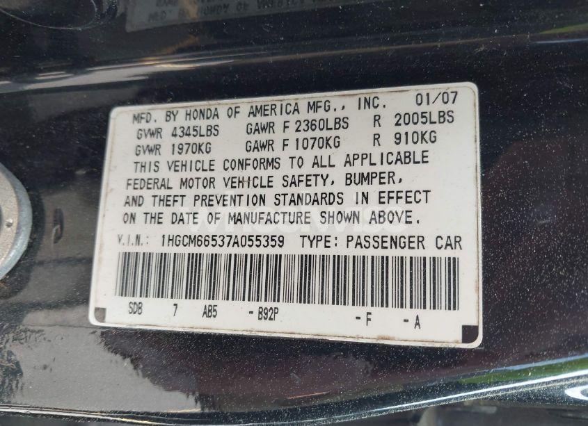 Photo 9 of 2007 Honda Accord 3.0 EX (VIN 1HGCM66537A055359)