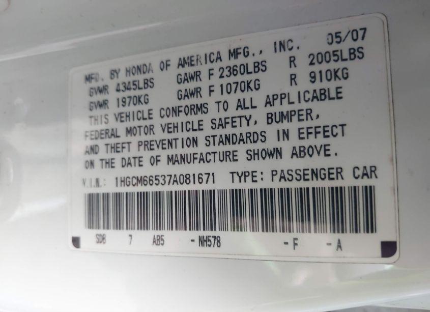 Photo 9 of 2007 Honda Accord 3.0 EX (VIN 1HGCM66537A081671)