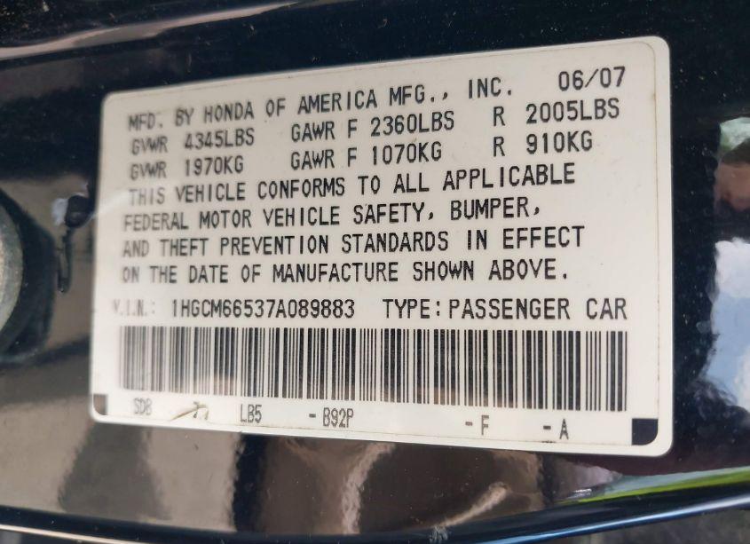 Photo 9 of 2007 Honda Accord 3.0 EX (VIN 1HGCM66537A089883)