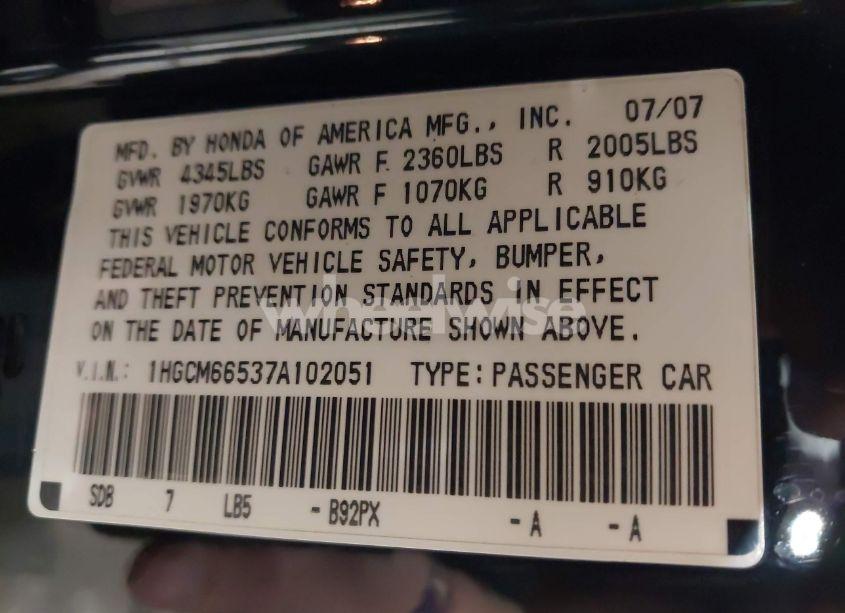 Photo 9 of 2007 Honda Accord 3.0 EX (VIN 1HGCM66537A102051)