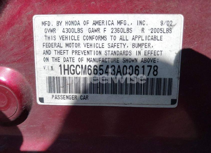 Photo 9 of 2003 Honda Accord 3.0 EX (VIN 1HGCM66543A006178)