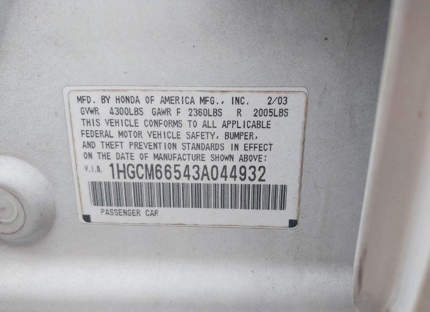 Photo 9 of 2003 Honda Accord 3.0 EX (VIN 1HGCM66543A044932)