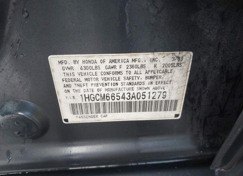 Photo 9 of 2003 Honda Accord 3.0 EX (VIN 1HGCM66543A051279)