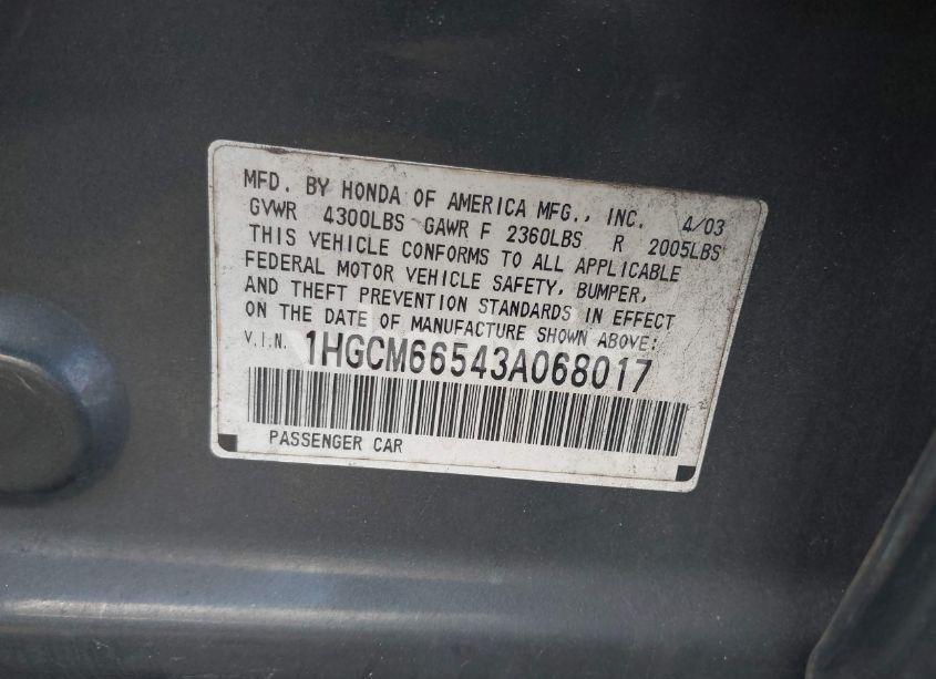 Photo 9 of 2003 Honda Accord 3.0 EX (VIN 1HGCM66543A068017)