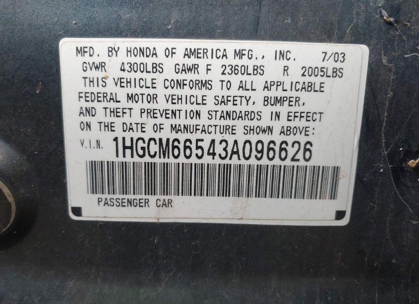 Photo 9 of 2003 Honda Accord 3.0 EX (VIN 1HGCM66543A096626)