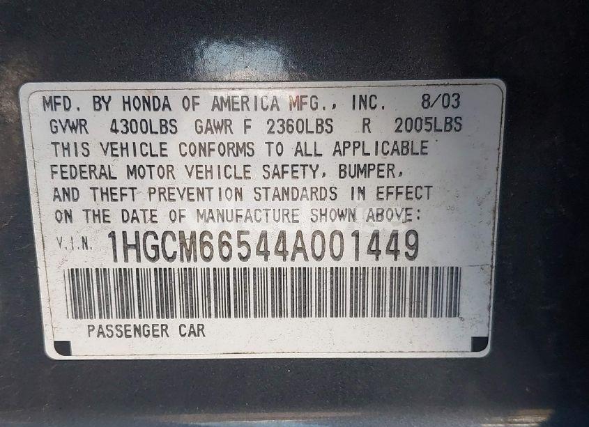 Photo 9 of 2004 Honda Accord 3.0 EX (VIN 1HGCM66544A001449)
