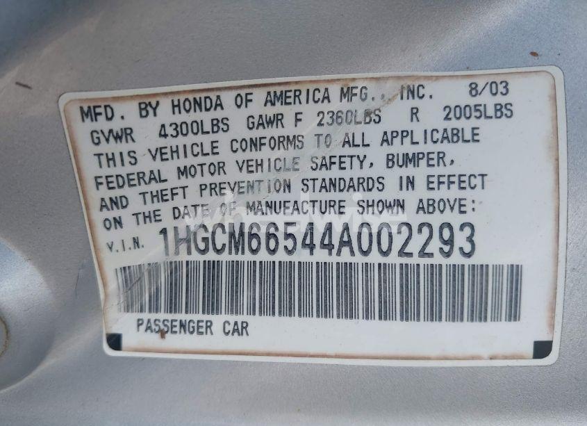 Photo 9 of 2004 Honda Accord 3.0 EX (VIN 1HGCM66544A002293)