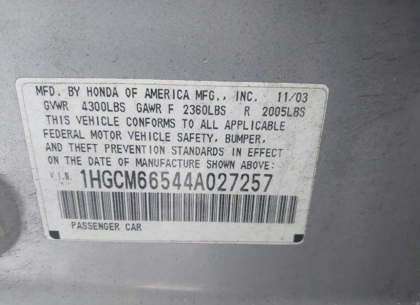 Photo 9 of 2004 Honda Accord 3.0 EX (VIN 1HGCM66544A027257)