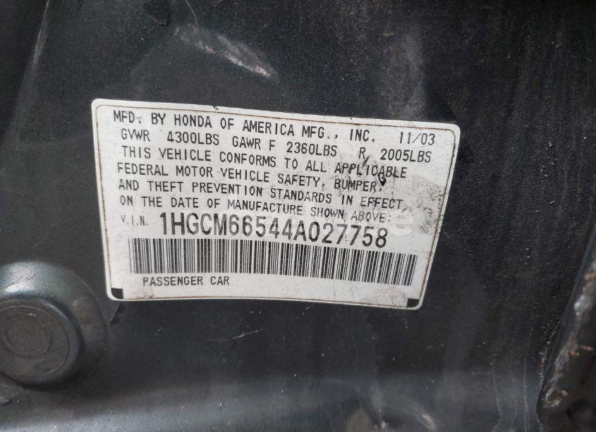 Photo 9 of 2004 Honda Accord 3.0 EX (VIN 1HGCM66544A027758)