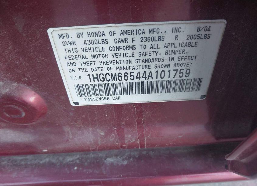 Photo 9 of 2004 Honda Accord 3.0 EX (VIN 1HGCM66544A101759)
