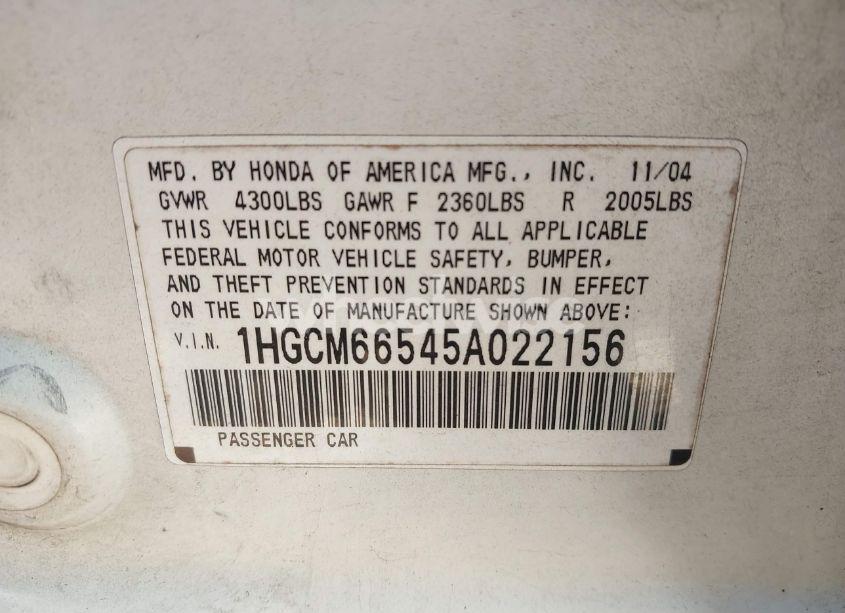 Photo 9 of 2005 Honda Accord 3.0 EX (VIN 1HGCM66545A022156)