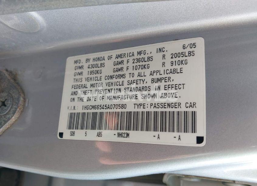 Photo 9 of 2005 Honda Accord 3.0 EX (VIN 1HGCM66545A070580)