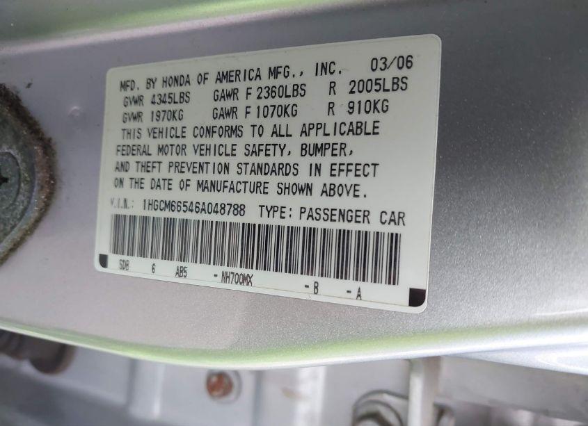 Photo 9 of 2006 Honda Accord 3.0 EX (VIN 1HGCM66546A048788)