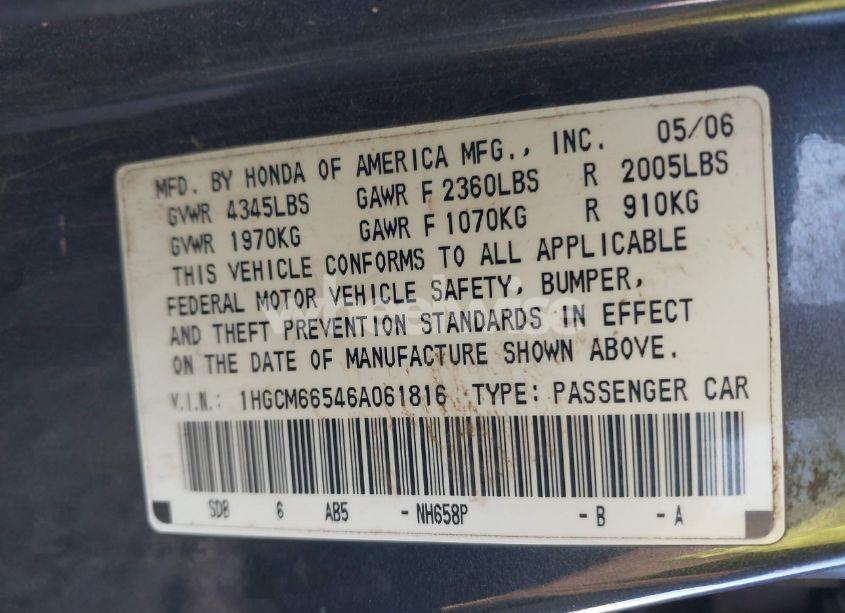 Photo 9 of 2006 Honda Accord 3.0 EX (VIN 1HGCM66546A061816)