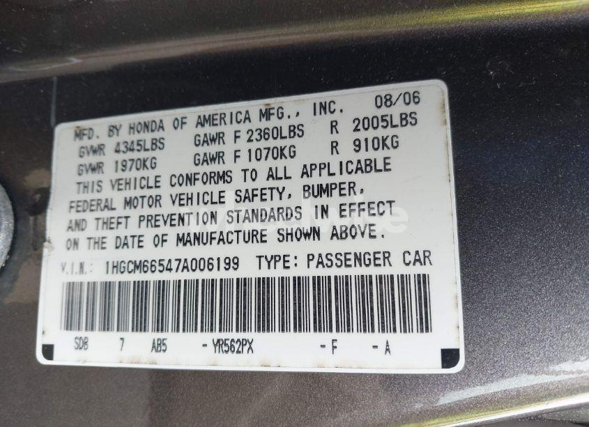 Photo 9 of 2007 Honda Accord 3.0 EX (VIN 1HGCM66547A006199)