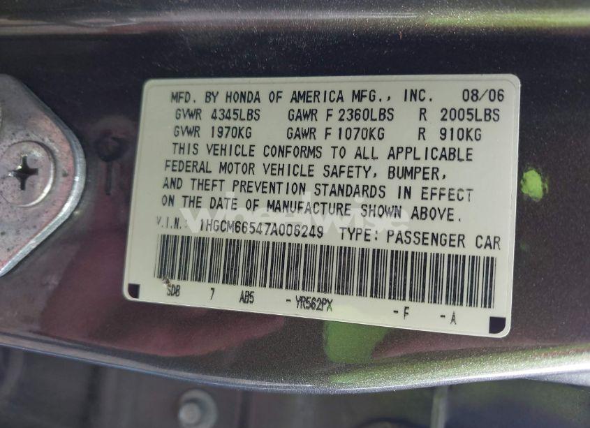 Photo 9 of 2007 Honda Accord 3.0 EX (VIN 1HGCM66547A006249)