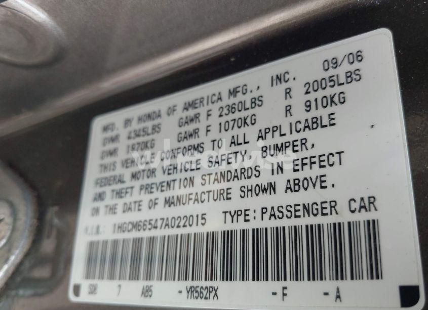 Photo 9 of 2007 Honda Accord 3.0 EX (VIN 1HGCM66547A022015)