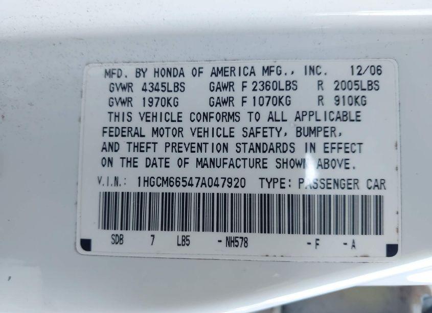 Photo 9 of 2007 Honda Accord 3.0 EX (VIN 1HGCM66547A047920)