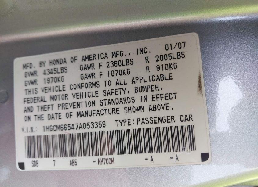 Photo 9 of 2007 Honda Accord 3.0 EX (VIN 1HGCM66547A053359)