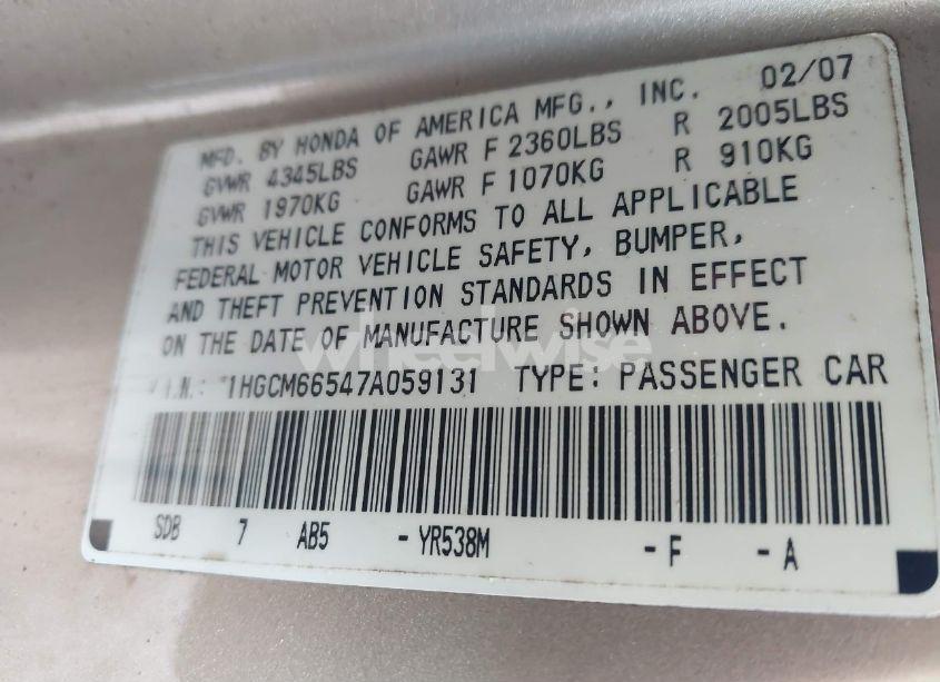 Photo 9 of 2007 Honda Accord 3.0 EX (VIN 1HGCM66547A059131)
