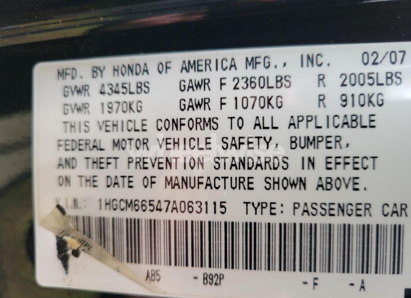 Photo 9 of 2007 Honda Accord 3.0 EX (VIN 1HGCM66547A063115)