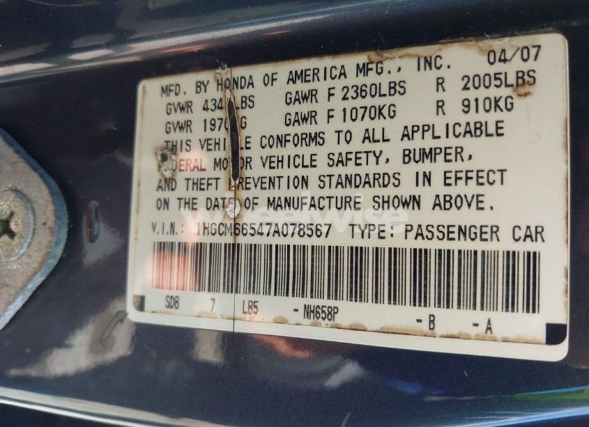 Photo 9 of 2007 Honda Accord 3.0 EX (VIN 1HGCM66547A078567)