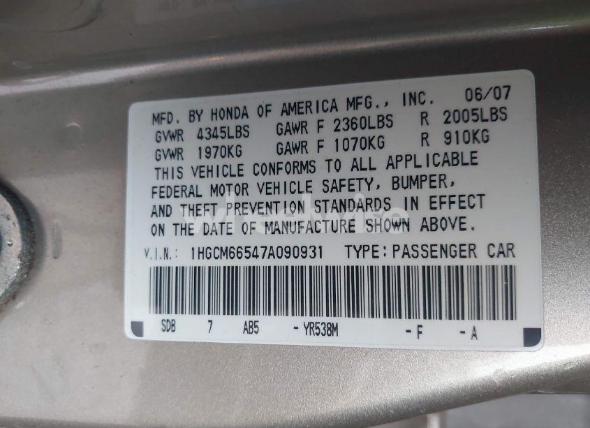 Photo 9 of 2007 Honda Accord 3.0 EX (VIN 1HGCM66547A090931)