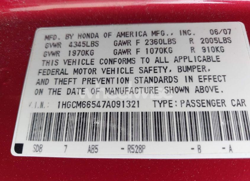 Photo 9 of 2007 Honda Accord 3.0 EX (VIN 1HGCM66547A091321)