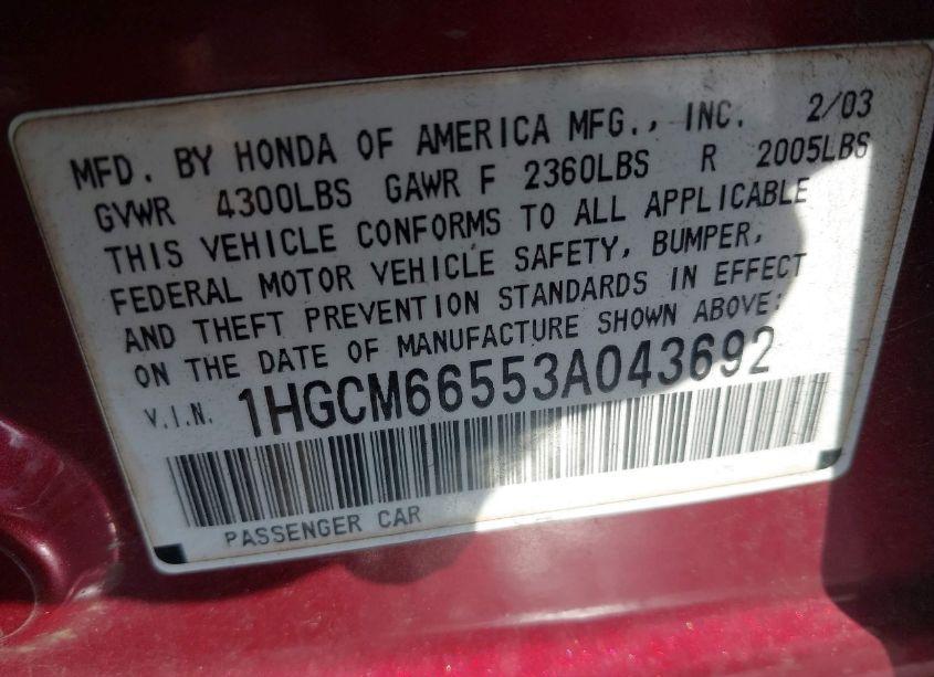Photo 9 of 2003 Honda Accord 3.0 EX (VIN 1HGCM66553A043692)