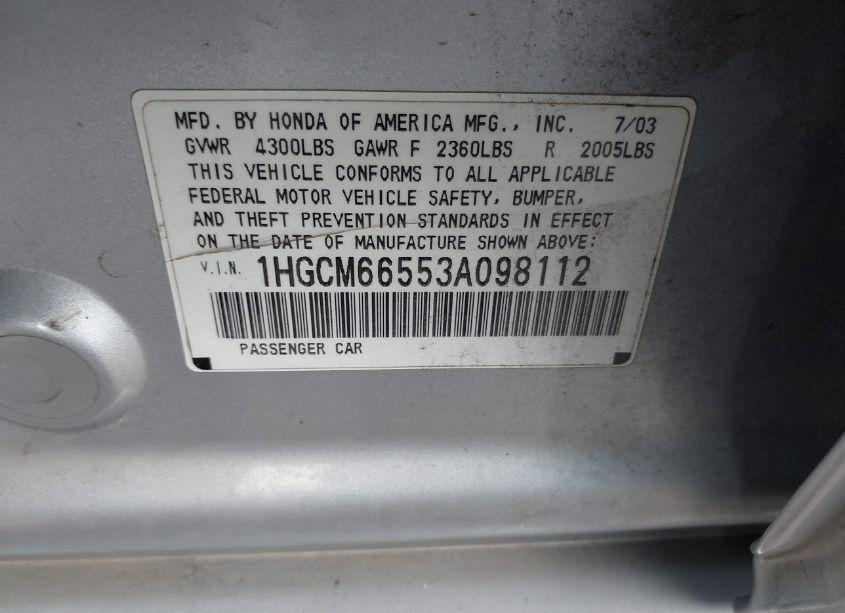 Photo 9 of 2003 Honda Accord 3.0 EX (VIN 1HGCM66553A098112)