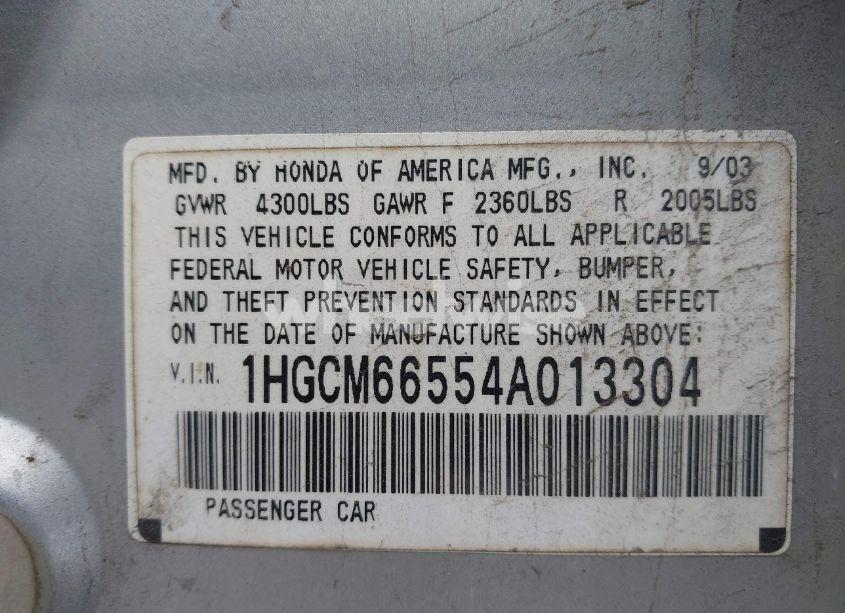 Photo 9 of 2004 Honda Accord 3.0 EX (VIN 1HGCM66554A013304)