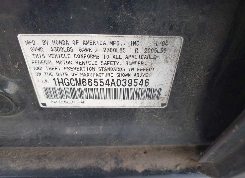 Photo 9 of 2004 Honda Accord 3.0 EX (VIN 1HGCM66554A039546)
