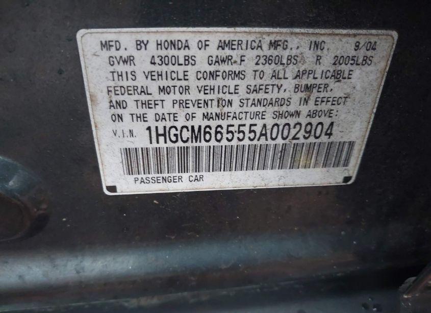 Photo 9 of 2005 Honda Accord 3.0 EX (VIN 1HGCM66555A002904)