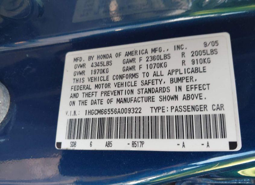 Photo 9 of 2006 Honda Accord 3.0 EX (VIN 1HGCM66556A009322)