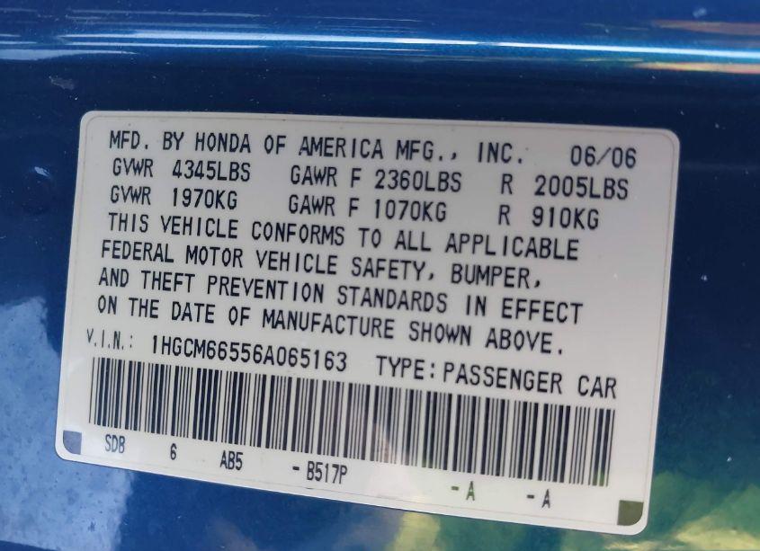 Photo 9 of 2006 Honda Accord 3.0 EX (VIN 1HGCM66556A065163)