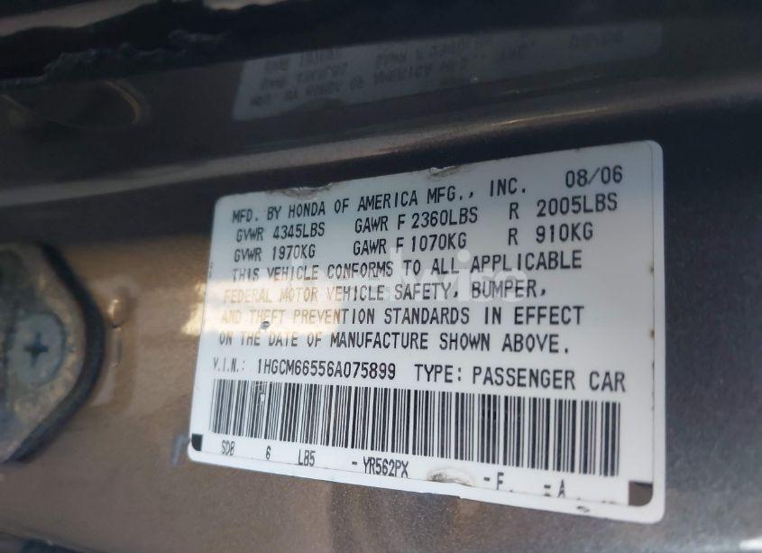 Photo 9 of 2006 Honda Accord 3.0 EX (VIN 1HGCM66556A075899)