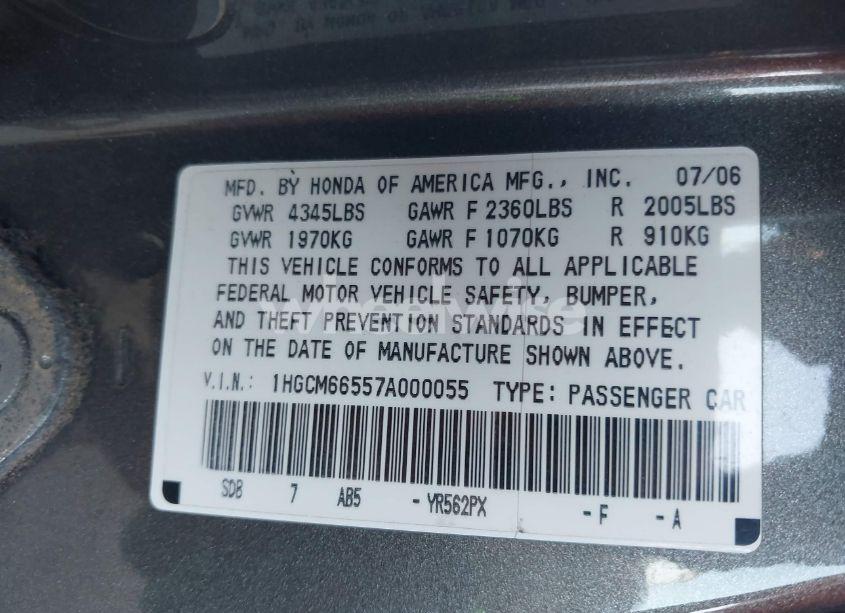 Photo 9 of 2007 Honda Accord 3.0 EX (VIN 1HGCM66557A000055)