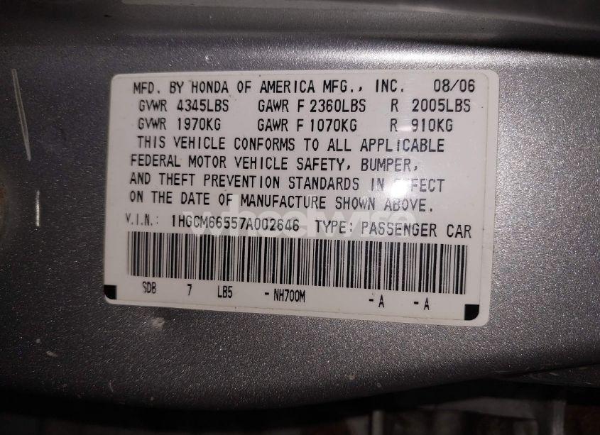 Photo 9 of 2007 Honda Accord 3.0 EX (VIN 1HGCM66557A002646)