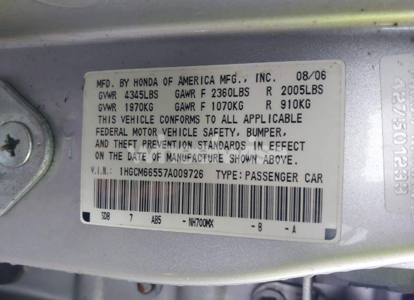 Photo 9 of 2007 Honda Accord 3.0 EX (VIN 1HGCM66557A009726)